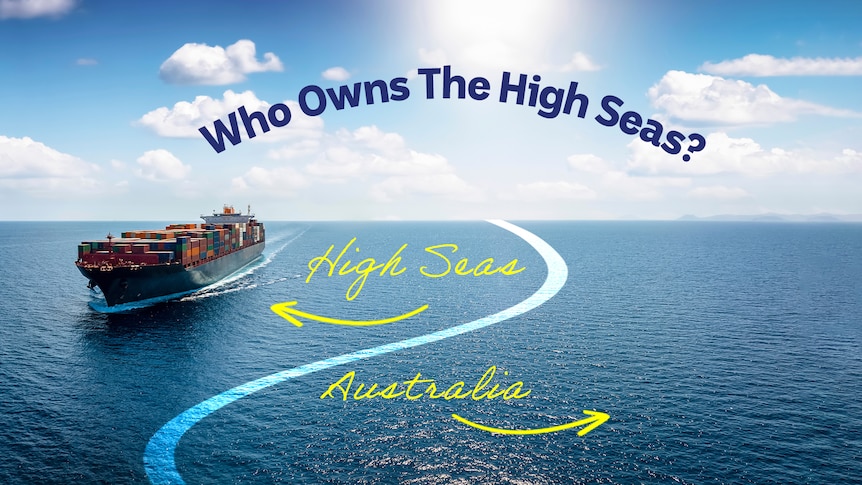 A cargo ship on the ocean with an imaginary line drawn on the sea - one side, 'High Seas' and the other 'Australia'.