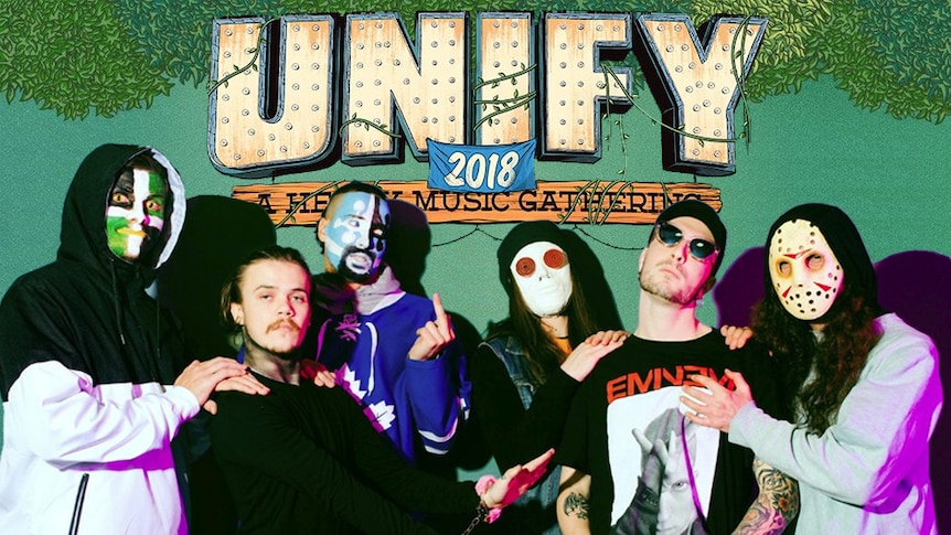 A press shot of semi-masked Melbourne six piece Dregg, winners of the triple j Unearthed Unify 2018 competition