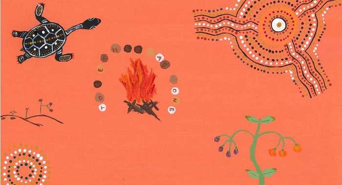 A painting of a turtle, a fire, and a waterhole