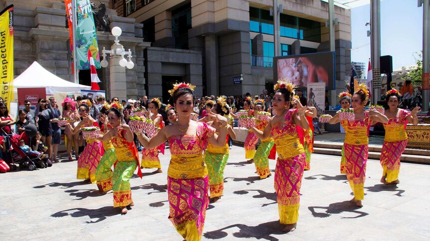 A group of Balinese female dancers performing