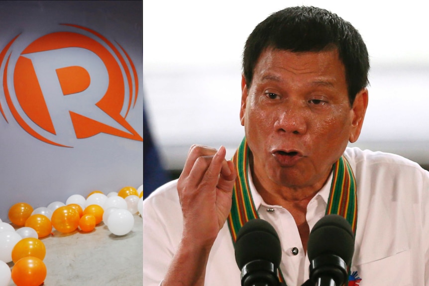 A composite image shows the logo of Rappler on the left and Rodrigo Duterte on the right.