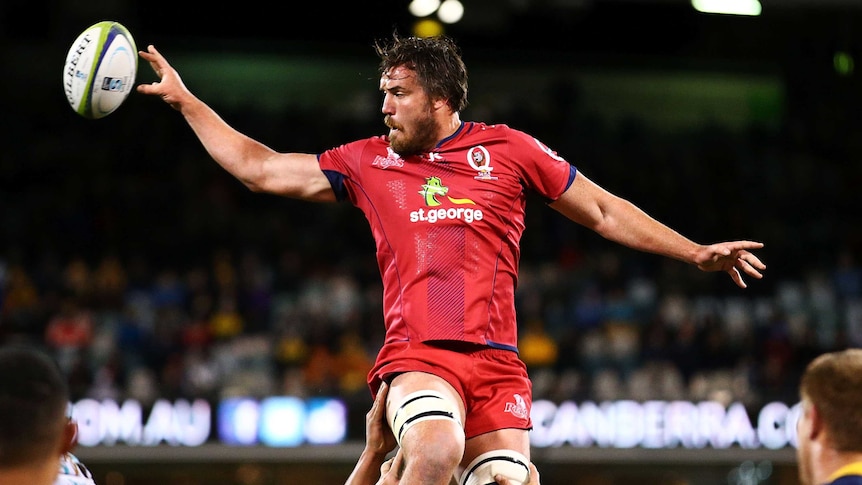 Injury return ... Kane Douglas wins line-out ball for the Reds against the Brumbies
