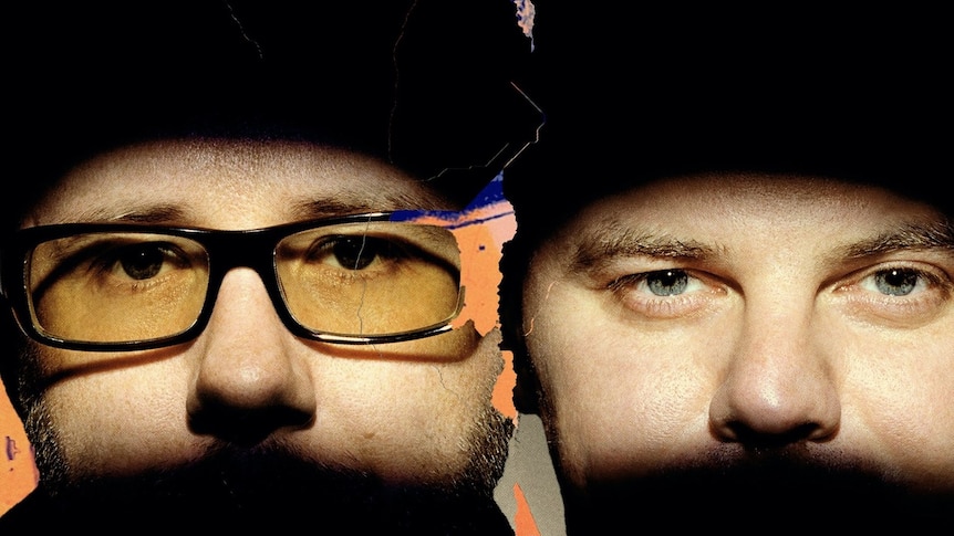 extreme close up of the eyes and nose of both members of uk dance group the chemical brothers