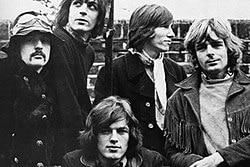 Five members of Pink Floyd pose for a publicity photo.