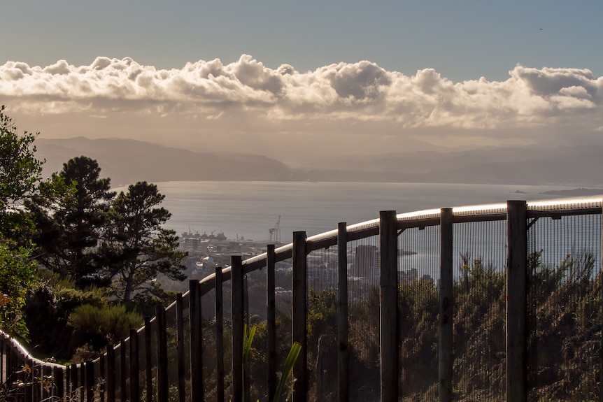 Una recinzione metallica rialzata corre su una collina con una valle, con l'oceano e le nuvole sullo sfondo.