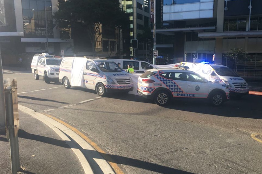 Police cars and sheets obscuring a woman's body on the road