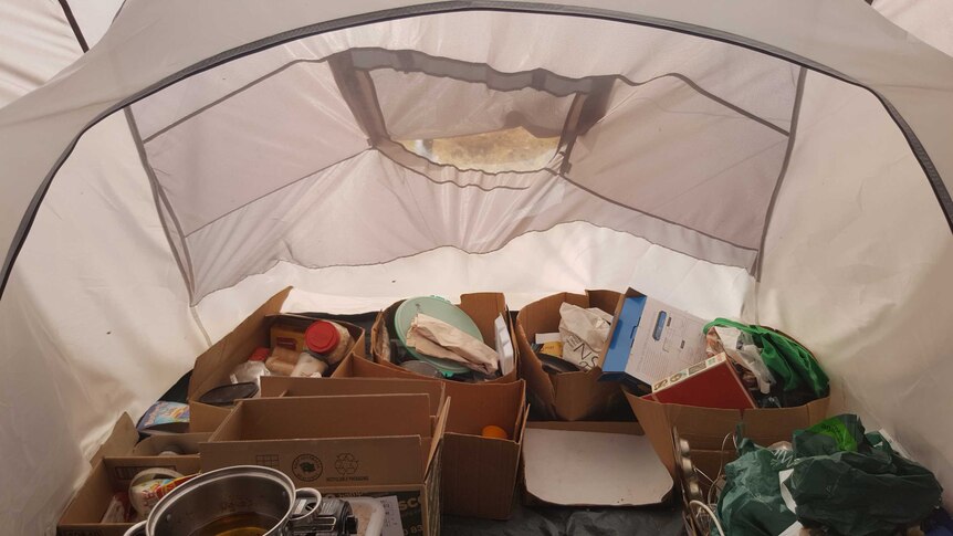 The kitchen section of Lisa's tent.