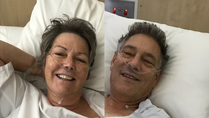 Composite image of Maureen and David Santamaria recovering in their hospital beds.