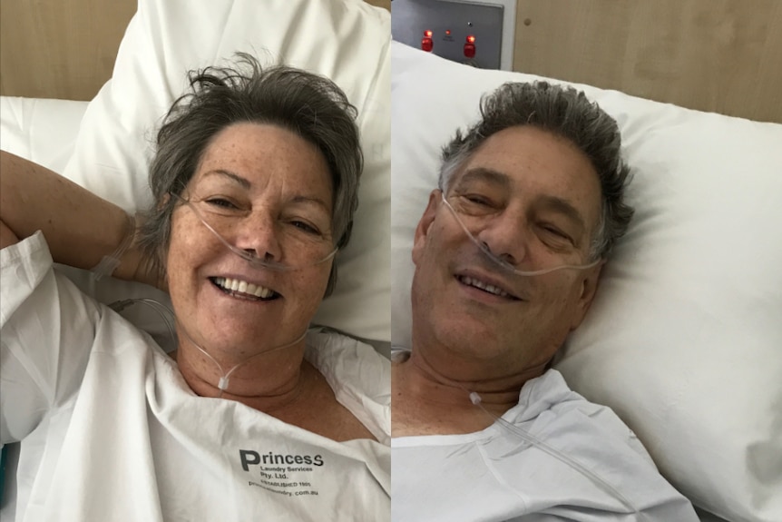 Composite image of Maureen and David Santamaria recovering in their hospital beds.