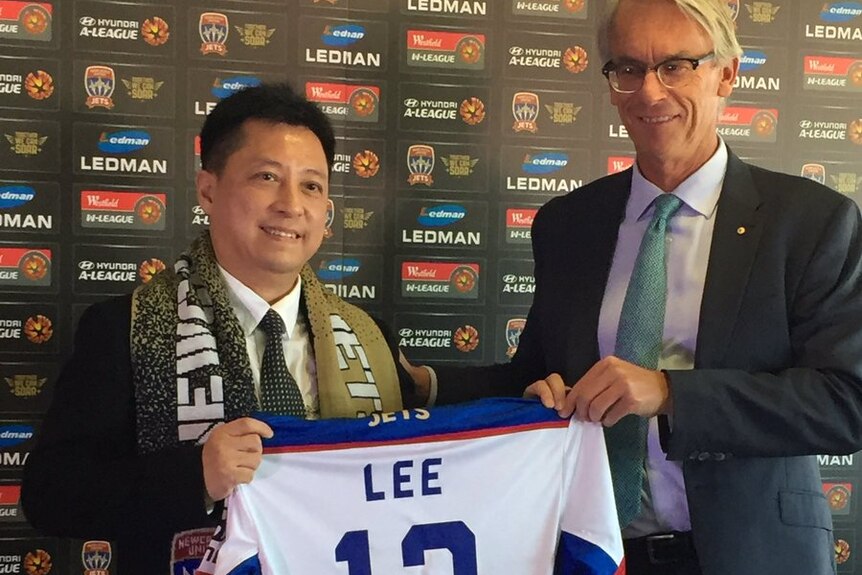 Newcastle Jets owner, Martin Lee (left) with FFA CEO David Gallop