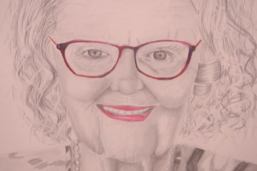 A chalk pencil drawing of an elderly woman, wearing pink glasses and lipstick.