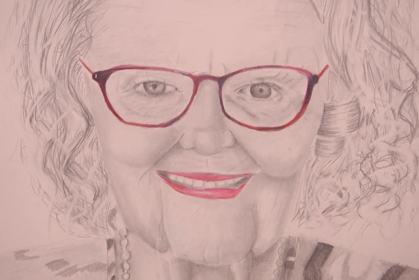 A chalk pencil drawing of an elderly woman, wearing pink glasses and lipstick.