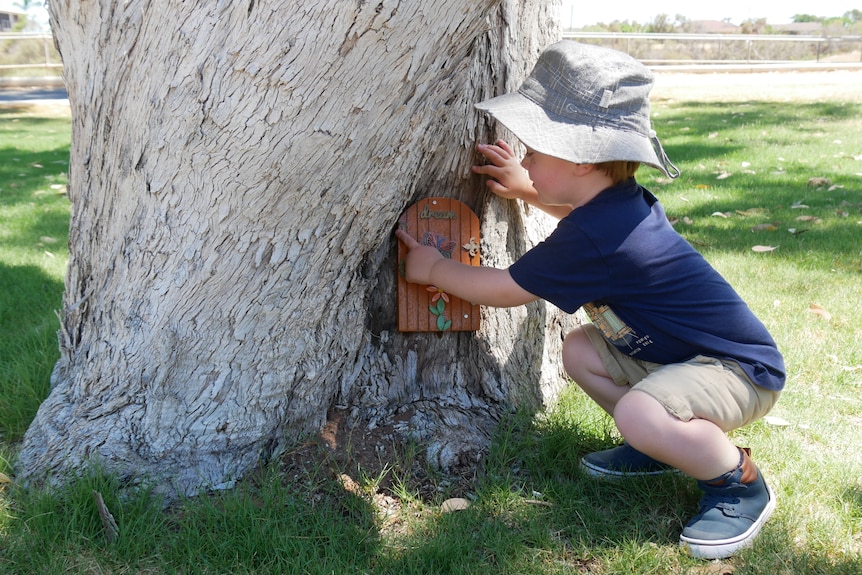 A young boy in a blue shirt and grey bucket hat crouches next to a small brown door on a tree in a park.