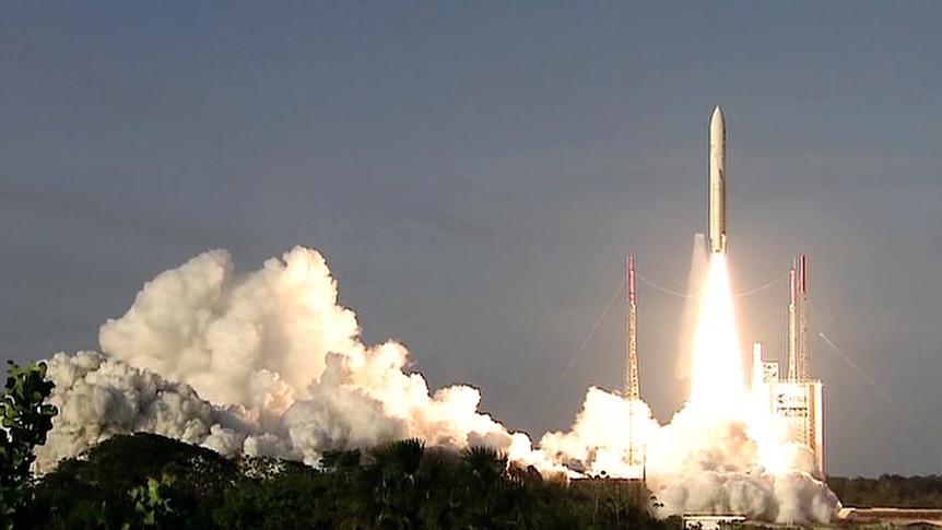 The National Broadband Network satellite, nicknamed Sky Muster, lifts off from French Guiana.