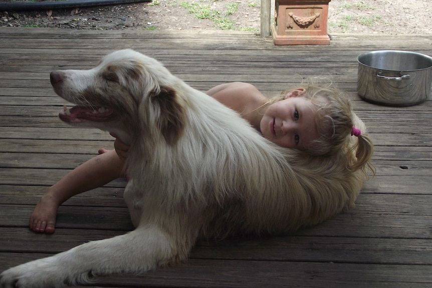 Kyanne lying with her head resting on a big white dog.