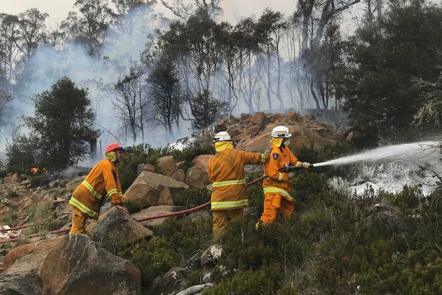 Philip de Bomford with fire crews during the back burn at Miena, January 2019.