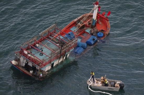 An illegal fishing vessel in waters of in the Daintree River area in far north Queensland.