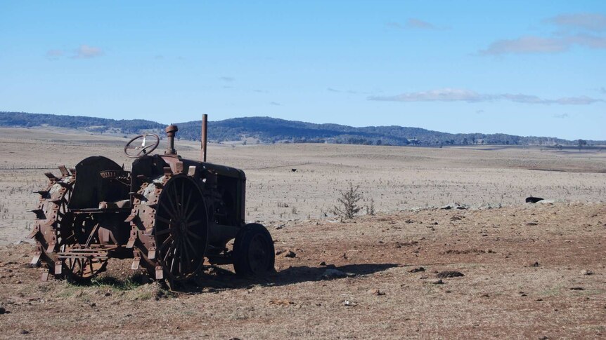 Tractor on drought-ravaged farm in Guyra, NSW.