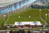 An artist's impression of three floodlit soccer pitches on the banks of the Maribyrnong River at Footscray Park.