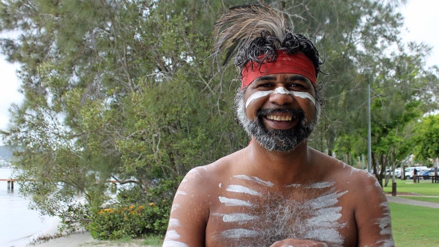 Lyndon Davis stands in traditional dress at the Booin Gari festival at Noosaville.