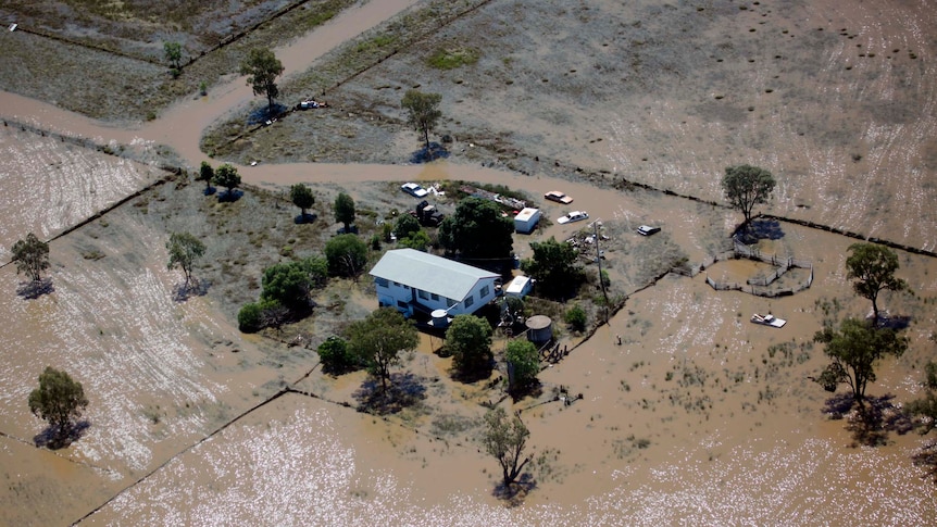 A property near Moree, in northern NSW, is isolated by floodwaters