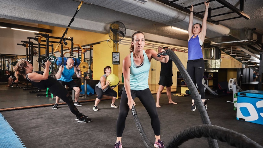 A group of people in fitness wear exercising in a gym.