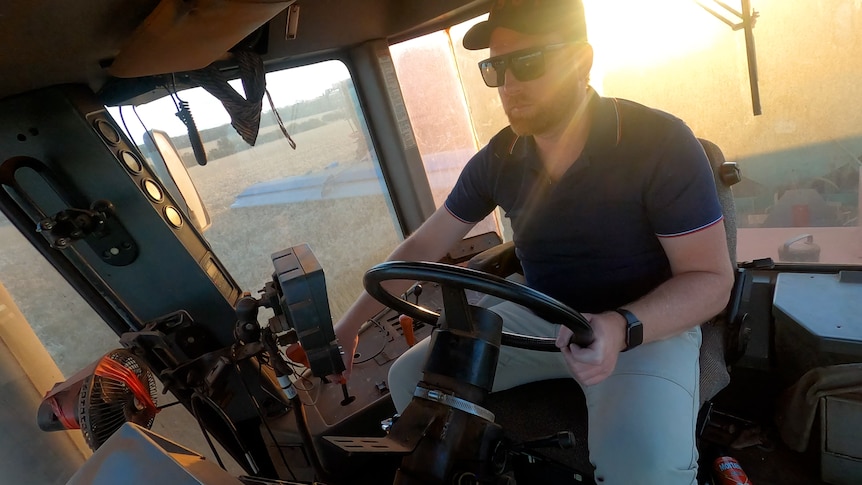  A man in the cab of a chaser bin tractor when the sunlight over his shoulder.
