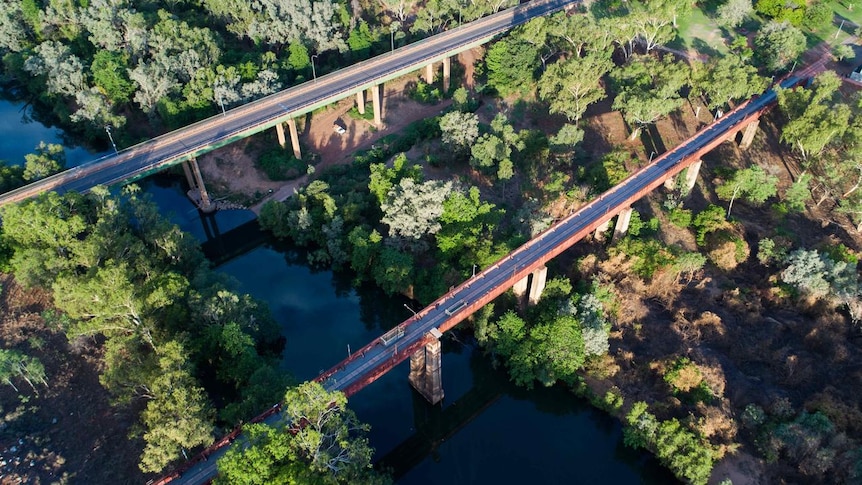 an aerial photo of two bridges over the Katherine River. 