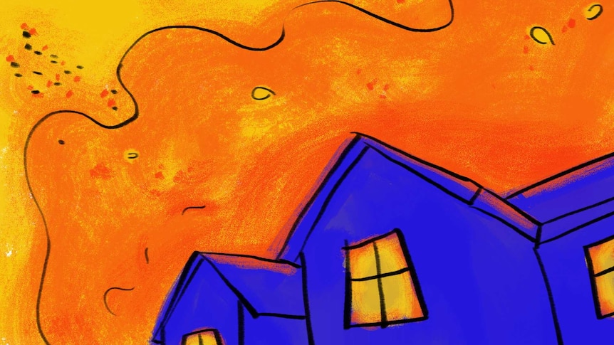 Drawing of a blue house with orange smoke and flames behind it