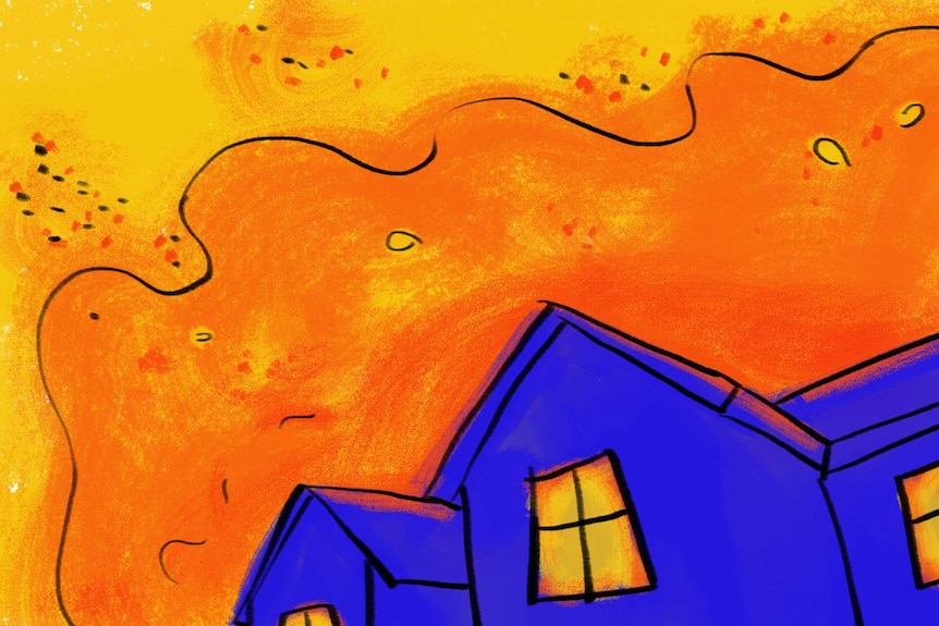 Drawing of a blue house with orange smoke and flames behind it