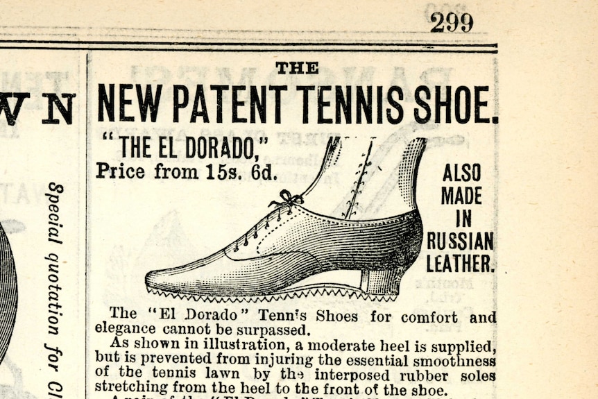 A black and white newspaper advertisement with a drawing of a slightly heeled tennis shoe.