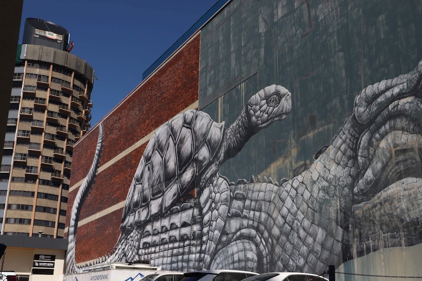 Turtle rides a crocodile in a mural