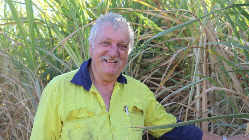 Photo of farmer Mark Savina in his work clothes smiling at the camera in front of his cane crop