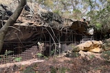 A large sandstone cave with wire fencing across the entrance.