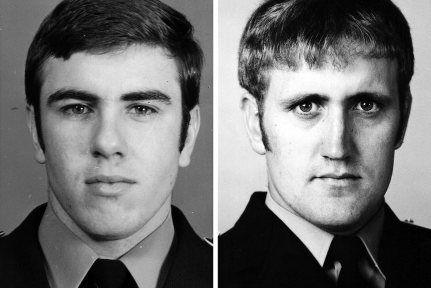 Black-and-white photos of two young police officers taken 40 years ago
