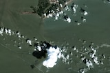 A satellite image shows an oil slick in the Gulf of Mexico