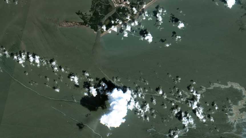 A satellite image shows an oil slick in the Gulf of Mexico