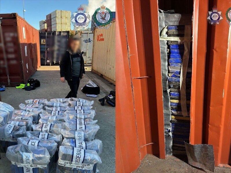 Composite image of a police officer with bags of cocaine and a shipping container where they were carried in