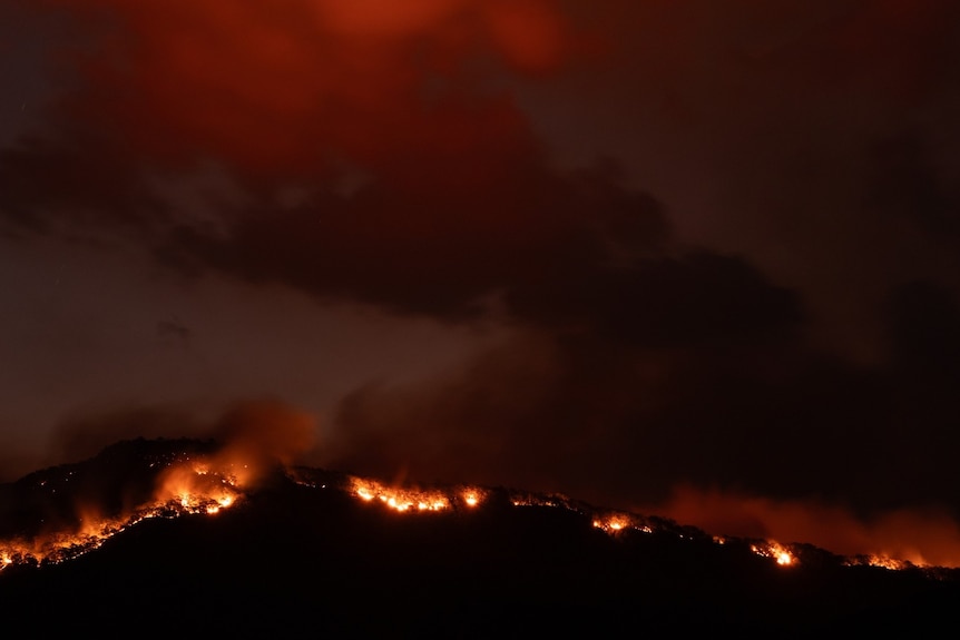 Fire dotted along a mountain silhouette at nighttime