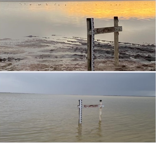 Two pictures on top of each other of a water measuring board in the lake, showing increased water level