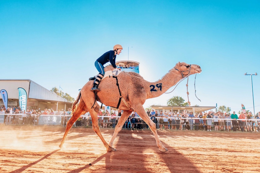 A woman rides a camel at Boulia