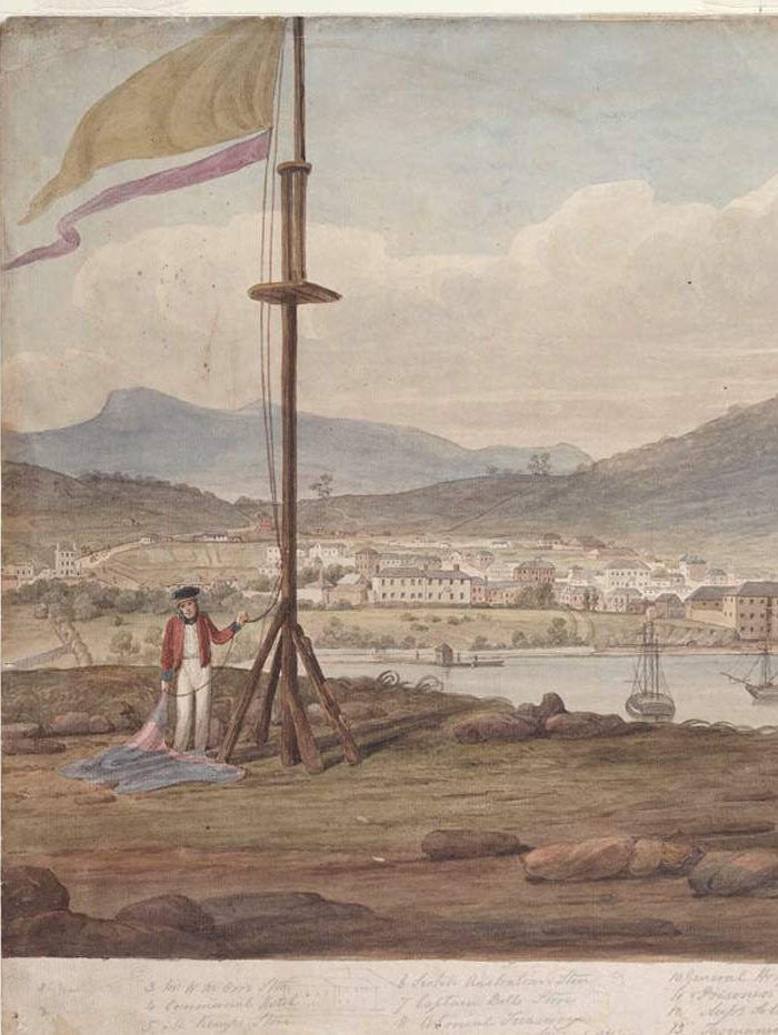 A drawing depicting a panorama of Hobart from 1825.