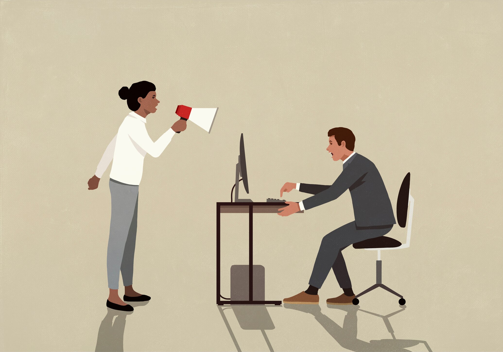 Illustration of woman with bullhorn yelling at a guy at his desk on his computer