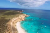 Aerial shot of Turtle Bay, showing cliffs, beach and boats offshore.