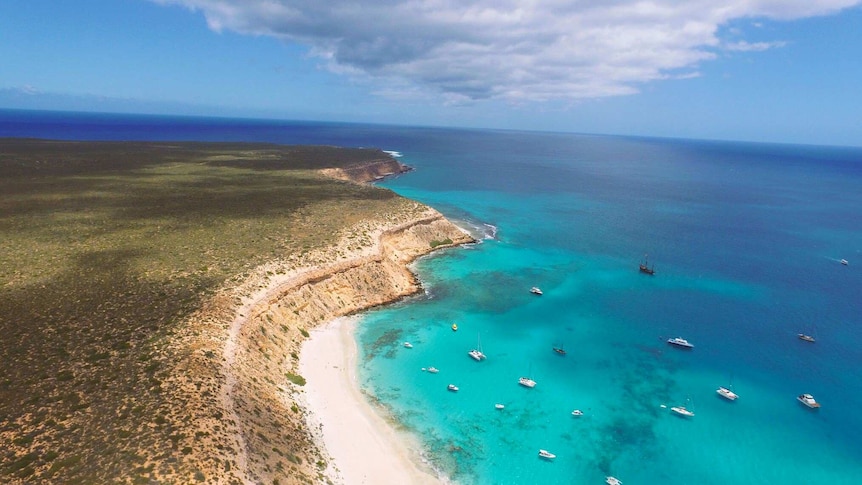 Aerial shot of Turtle Bay, showing cliffs, beach and boats offshore.