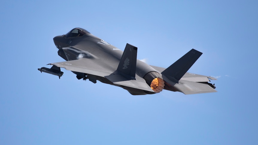 A F-35A Lightning II takes off from RAAF Base Williamtown.