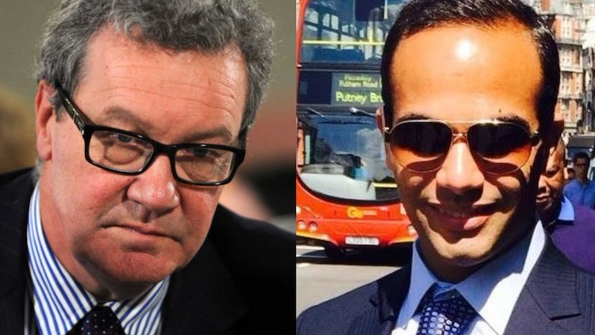 A composite image of Alexander Downer and George Papadopoulos.