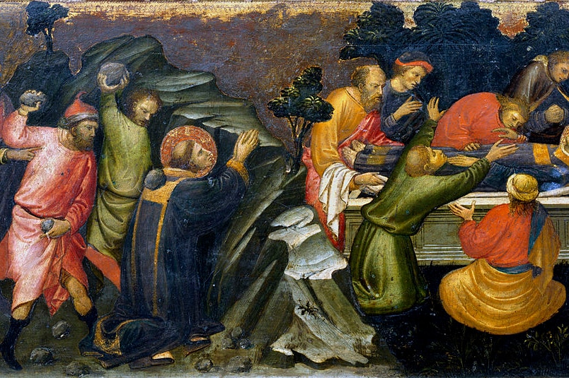 Painting depicting the stoning and burial of the first Christian Martyr, Saint Stephen.