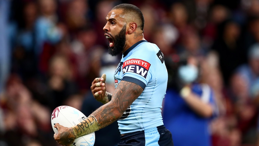  NSW Blues' Josh Addo-Carr celebrates after scoring a try during game two of the 2021 State of Origin