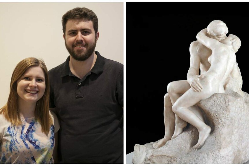 A collage of a couple and Rodin's marble sculpture, The Kiss
